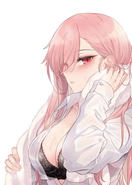 Anime picture 1819x2551 with girls frontline negev (girls' frontline) jingo single long hair tall image looking at viewer blush fringe highres breasts light erotic simple background hair between eyes red eyes large breasts white background pink hair cleavage upper body