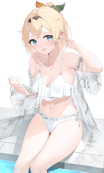 Anime picture 3880x6448 with virtual youtuber hololive kazama iroha ryuya single long hair tall image looking at viewer blush highres breasts open mouth blue eyes light erotic simple background blonde hair smile white background sitting absurdres