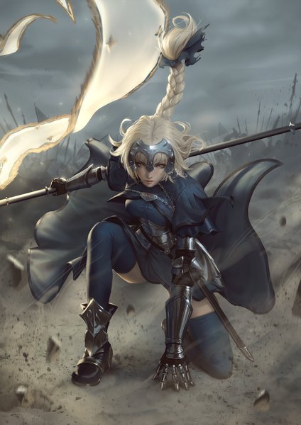 Anime picture 2828x4000 with fate (series) fate/grand order fate/apocrypha jeanne d'arc (fate) (all) jeanne d'arc (fate) raikoart long hair tall image looking at viewer fringe highres breasts blue eyes blonde hair holding payot sky cloud (clouds) full body bent knee (knees)