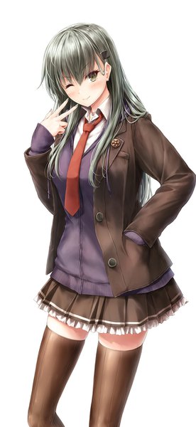 Anime picture 600x1300 with kantai collection suzuya heavy cruiser suien single long hair tall image looking at viewer blush fringe simple background smile hair between eyes standing white background green eyes long sleeves nail polish head tilt pleated skirt one eye closed