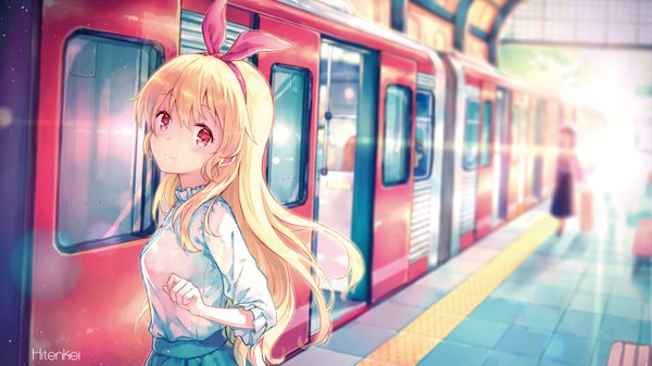 Anime picture 2560x1440 with aikatsu! hoshimiya ichigo hiten (hitenkei) long hair looking at viewer blush fringe highres blonde hair hair between eyes red eyes wide image multiple girls holding signed payot head tilt light smile sunlight lens flare