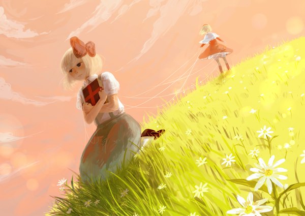 Anime picture 1694x1200 with original bounin short hair white hair from behind field girl dress flower (flowers) bow hair bow book (books)