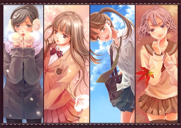 Anime picture 4598x3276 with original eshi 100-nin ten hibiki reine long hair blush highres short hair open mouth black hair brown hair twintails multiple girls brown eyes absurdres multiview column lineup girl skirt flower (flowers) miniskirt