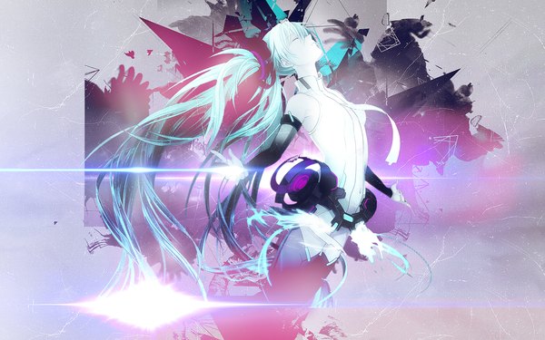 Anime picture 1440x900 with vocaloid vocaloid append hatsune miku hatsune miku (append) osamu (jagabata) kisi86 single wide image twintails eyes closed very long hair aqua hair light spread arms girl thighhighs black thighhighs detached sleeves necktie