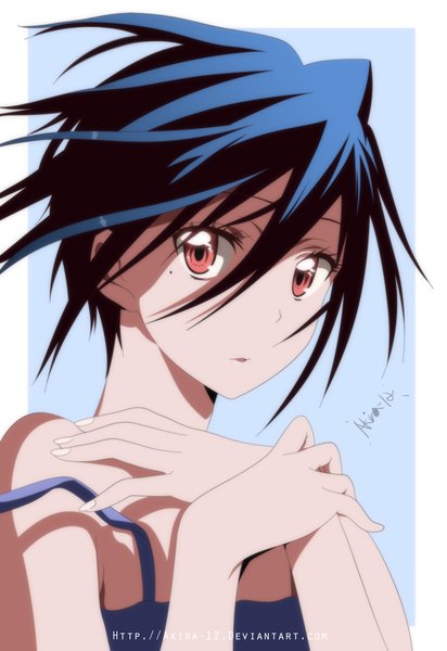 Anime picture 1500x2183 with nisekoi shaft (studio) tsugumi seishirou akira-12 single tall image short hair open mouth black hair bare shoulders brown eyes mole mole under eye coloring portrait girl dress sundress