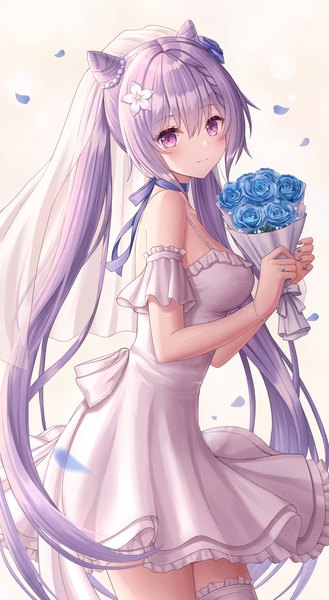 Anime picture 1200x2186 with genshin impact keqing (genshin impact) seungju lee single long hair tall image looking at viewer blush fringe breasts simple background smile hair between eyes standing white background purple eyes twintails purple hair hair flower hair bun (hair buns)