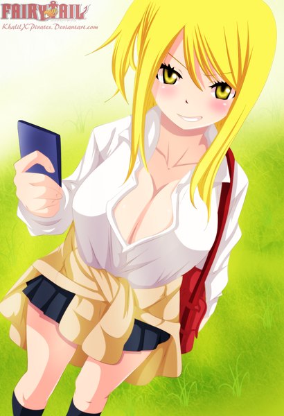 Anime picture 820x1200 with fairy tail lucy heartfilia khalilxpirates single long hair tall image looking at viewer blush breasts light erotic blonde hair smile large breasts yellow eyes open clothes no bra teeth copyright name girl skirt