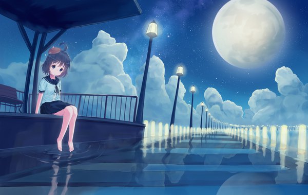 Anime picture 1505x950 with original mimikaki (men bow) single looking at viewer fringe short hair blue eyes black hair sitting cloud (clouds) full body ahoge outdoors head tilt pleated skirt barefoot night bare legs short sleeves night sky