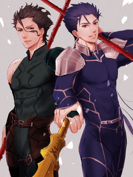 Anime picture 600x800 with fate (series) fate/stay night fate/zero cu chulainn (fate) diarmuid ua duibhne (lancer) (fate) cu chulainn (fate/stay night) saryo long hair tall image fringe short hair black hair simple background smile hair between eyes red eyes standing twintails brown eyes blue hair
