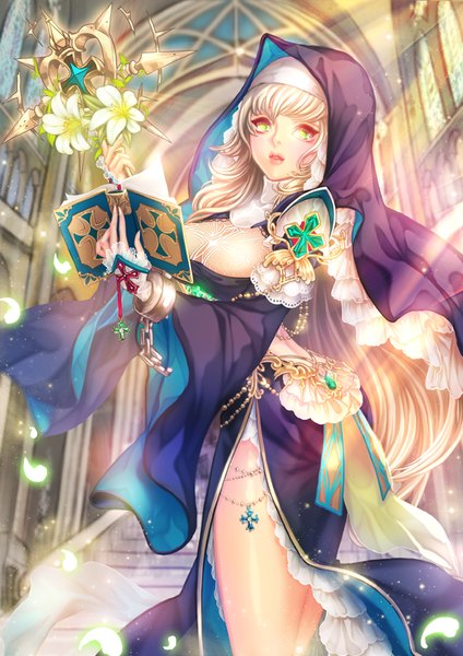 Anime picture 608x860 with original shallua single long hair tall image fringe breasts light erotic blonde hair standing green eyes nun girl dress flower (flowers) book (books) staff shackles