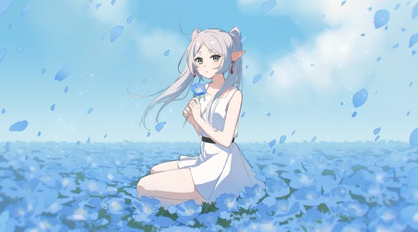 Anime picture 2704x1500 with sousou no frieren frieren yukiri (l ii) single long hair highres wide image sitting twintails green eyes sky silver hair outdoors pointy ears horizon girl dress flower (flowers) earrings petals