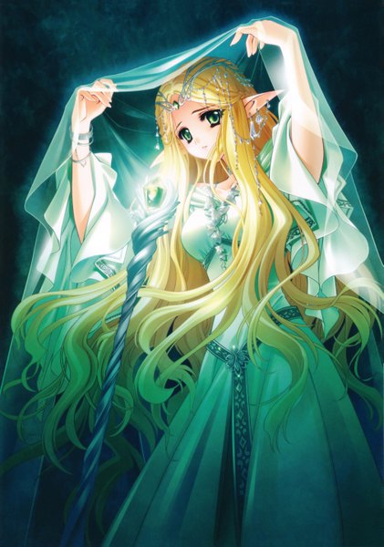 Anime picture 4026x5735 with aquarian age silmaril carnelian single long hair tall image looking at viewer highres blonde hair standing holding green eyes absurdres braid (braids) parted lips head tilt pointy ears scan wide sleeves arms up