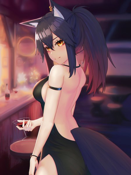 Anime picture 3000x4000 with arknights texas (arknights) absurd fox single long hair tall image blush fringe highres breasts light erotic black hair hair between eyes standing holding animal ears payot looking away ponytail red hair