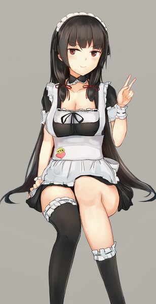 Anime picture 1000x1944 with kantai collection isokaze destroyer guanhian single long hair tall image blush fringe breasts black hair simple background smile red eyes cleavage bent knee (knees) grey background short sleeves alternate costume puffy sleeves victory
