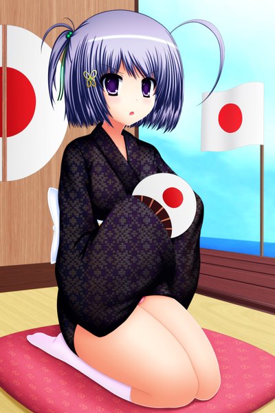 Anime picture 3000x4500 with original toyokawa itsuki (p mayuhime) single tall image blush highres short hair light erotic purple eyes purple hair traditional clothes japanese clothes legs girl socks kimono white socks