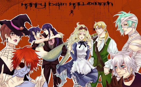 Anime picture 1098x680 with d.gray-man alice (wonderland) allen walker kanda yuu lavi lenalee lee howard link miranda lotto tevak tokusa frankenstein (character) purple-meow long hair short hair blue eyes blonde hair red eyes wide image purple eyes holding