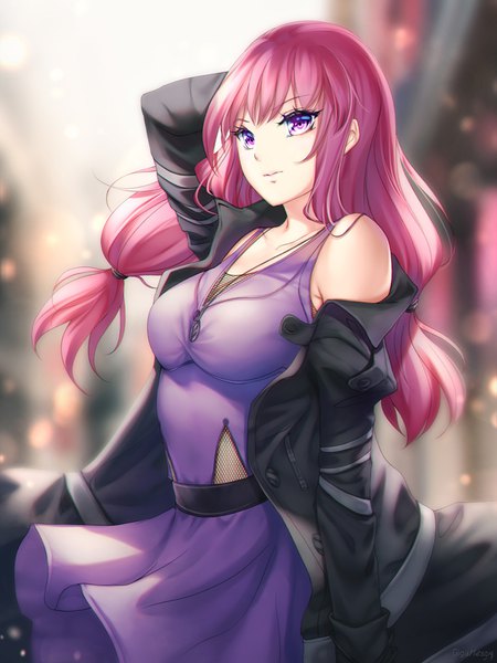 Anime picture 750x1000 with original gigamessy single long hair tall image looking at viewer fringe breasts standing purple eyes signed pink hair outdoors arm up off shoulder open clothes arm behind head fishnet girl dress
