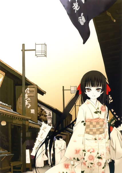 Anime picture 3261x4598 with original eshi 100-nin ten tagme (artist) long hair tall image looking at viewer highres black hair twintails brown eyes absurdres traditional clothes japanese clothes girl kimono obi