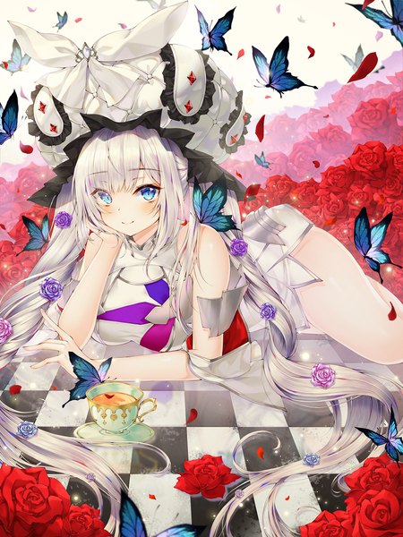 Anime picture 1500x2000 with fate (series) fate/grand order marie antoinette (fate/grand order) mellozzo single tall image looking at viewer blush fringe blue eyes twintails bare shoulders silver hair very long hair light smile checkered floor floor chin rest girl dress
