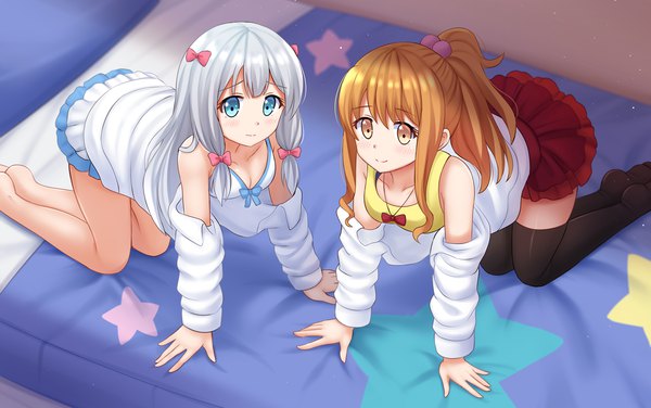 Anime picture 1920x1205 with eromanga sensei a-1 pictures izumi sagiri jinno megumi kazenokaze long hair looking at viewer highres blue eyes brown hair multiple girls yellow eyes silver hair ponytail off shoulder on all fours star print girl thighhighs skirt