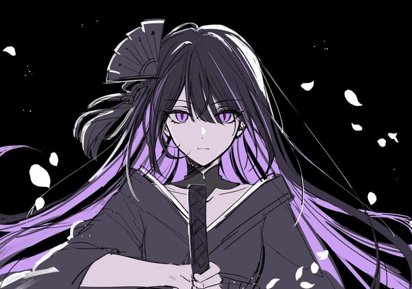 Anime picture 1700x1197 with genshin impact raiden shogun boo 1 single long hair looking at viewer fringe black hair simple background hair between eyes holding blunt bangs traditional clothes japanese clothes multicolored hair two-tone hair black background alternate hairstyle colored inner hair slit pupils