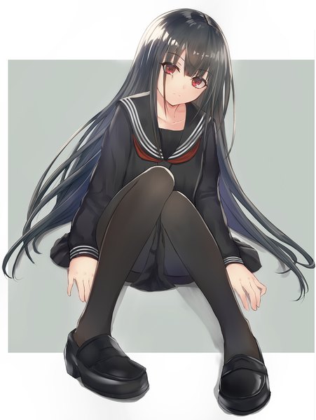 Anime picture 1000x1330 with original suiete single long hair tall image looking at viewer fringe light erotic black hair simple background red eyes sitting payot full body blunt bangs long sleeves hair over one eye knees touching girl skirt