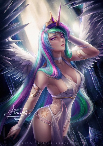 Anime picture 848x1200 with my little pony my little pony friendship is magic princess celestia axsen single long hair tall image looking at viewer blush breasts light erotic purple eyes signed blue hair cleavage purple hair nail polish parted lips multicolored hair arm up