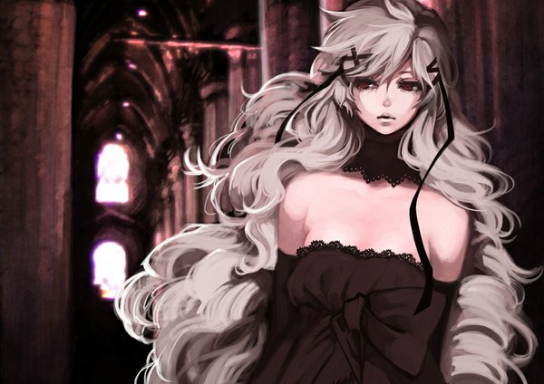 Anime picture 1000x707 with original ippus single red eyes bare shoulders very long hair grey hair girl dress gloves ribbon (ribbons) hair ribbon elbow gloves