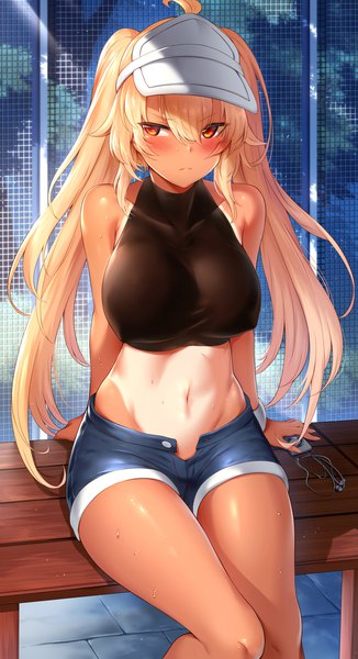 Anime picture 1254x2304 with original hiyake-chan mdastarou single long hair tall image blush fringe breasts light erotic blonde hair hair between eyes red eyes large breasts sitting bare shoulders looking away ahoge sunlight shadow