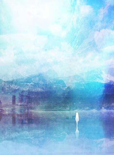 Anime picture 888x1200 with original rery rr23 single long hair tall image sky mountain landscape silhouette river girl bridge