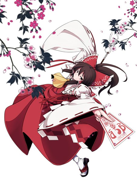 Anime picture 864x1149 with touhou hakurei reimu nikka (cryptomeria) single long hair tall image looking at viewer black hair simple background smile white background brown eyes traditional clothes miko girl flower (flowers) bow hair bow detached sleeves gohei