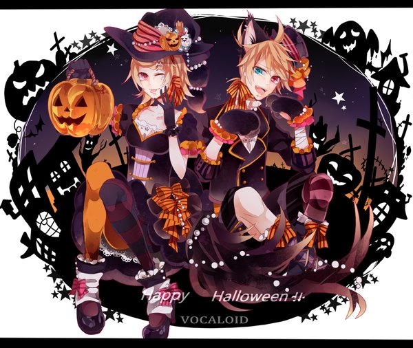 Anime picture 2000x1687 with vocaloid kagamine rin kagamine len tagme (artist) highres short hair open mouth blonde hair animal ears one eye closed wink halloween happy halloween girl thighhighs boy gloves ribbon (ribbons) bow hat