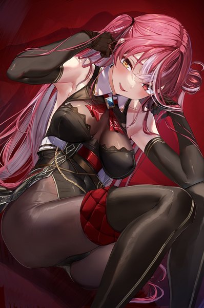 Anime picture 1360x2048 with virtual youtuber hololive houshou marine houshou marine (marching band) akasaai single long hair tall image looking at viewer fringe breasts open mouth light erotic smile hair between eyes red eyes large breasts sitting yellow eyes bent knee (knees)