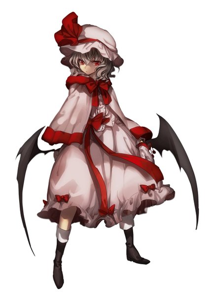 Anime picture 1024x1448 with touhou remilia scarlet no-kan single tall image fringe short hair simple background hair between eyes red eyes standing white background looking away full body grey hair bat wings adapted costume girl wings bonnet