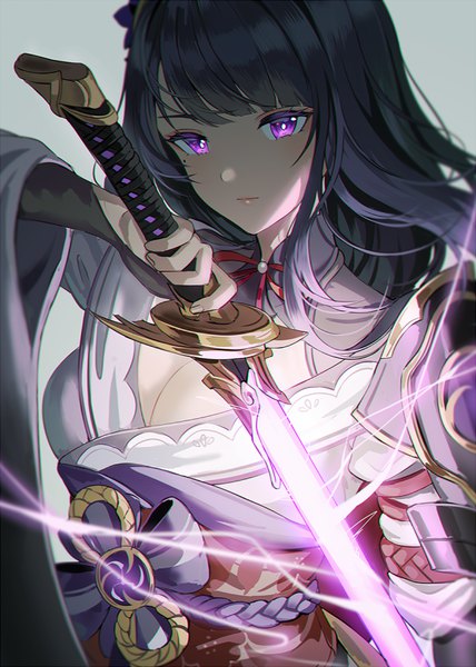 Anime picture 600x842 with genshin impact raiden shogun silence girl single long hair tall image looking at viewer fringe breasts black hair simple background large breasts purple eyes holding cleavage upper body blunt bangs traditional clothes japanese clothes arm up