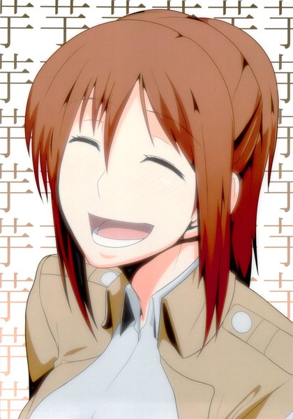 Anime picture 1399x2000 with shingeki no kyojin production i.g sasha blouse single long hair tall image open mouth simple background smile brown hair white background ponytail eyes closed hieroglyph girl uniform military uniform