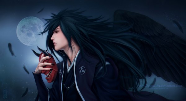 Anime picture 4415x2408 with naruto studio pierrot naruto (series) uchiha madara zetsuai89 single long hair highres black hair red eyes wide image absurdres nail polish profile lips realistic night night sky black wings sharingan