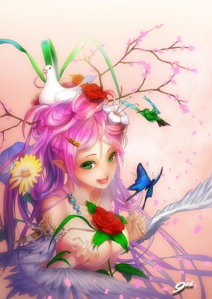 Anime picture 1200x1691 with original jiu daimu (artist) long hair tall image looking at viewer breasts simple background smile bare shoulders green eyes pink hair hair flower light smile pointy ears happy animal on head bird on head girl hair ornament flower (flowers)