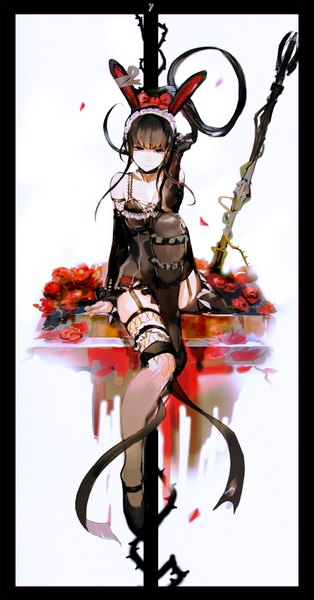 Anime picture 1200x2286 with overlord (maruyama) madhouse narberal gamma so-bin single long hair tall image looking at viewer fringe light erotic black hair sitting bare shoulders animal ears bent knee (knees) black eyes official art bunny ears adjusting hair border