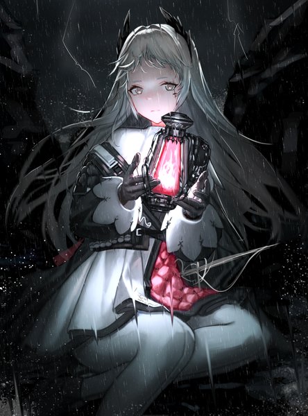 Anime picture 3364x4548 with arknights irene (arknights) ganet p single long hair tall image highres sitting absurdres horn (horns) grey hair grey eyes rain girl gloves pantyhose black gloves white pantyhose lamp