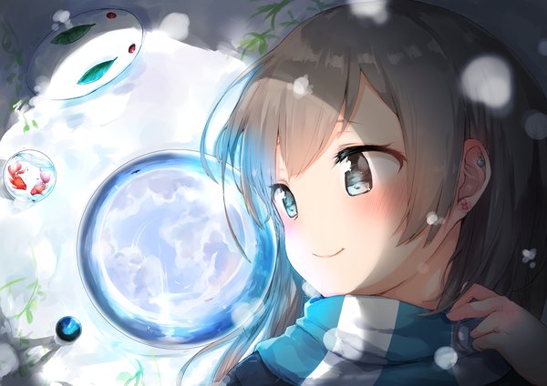 Anime picture 4093x2894 with original nosetissue single long hair blush highres blue eyes smile brown hair looking away absurdres profile from above light smile piercing light ear piercing snowing winter snow