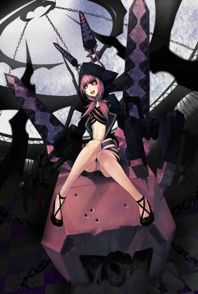 Anime picture 2700x4000 with black rock shooter nafhe mr. xh long hair tall image highres open mouth light erotic animal ears pink hair sky pink eyes open clothes pantyshot crossed legs pantyshot sitting checkered floor crazy eyes girl navel