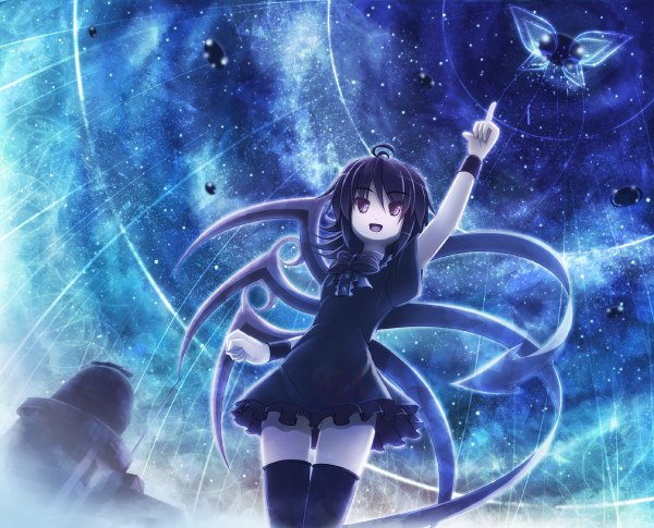 Anime picture 1200x970 with touhou houjuu nue akashio (loli ace) single short hair open mouth black hair red eyes ahoge night night sky scenic pointing girl thighhighs dress black thighhighs wings insect star (stars)