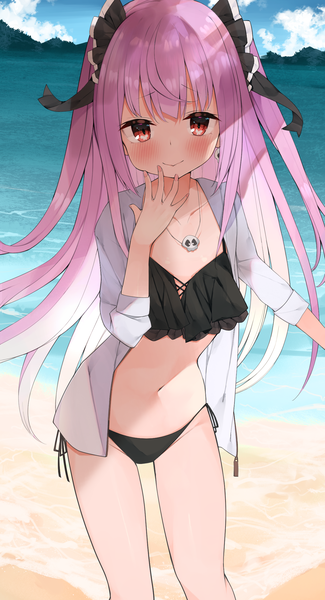 Anime picture 1292x2382 with virtual youtuber hololive uruha rushia eureka 814 single long hair tall image looking at viewer blush fringe light erotic smile red eyes standing payot pink hair sky cloud (clouds) outdoors arm up