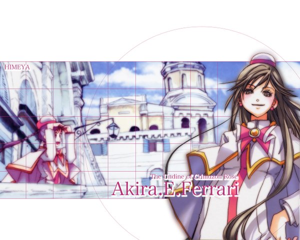 Anime picture 1280x1024 with aria aika s granzchesta akira e ferrari amano kozue long hair looking at viewer smile brown hair multiple girls brown eyes wallpaper character names architecture girl uniform 2 girls hat earrings