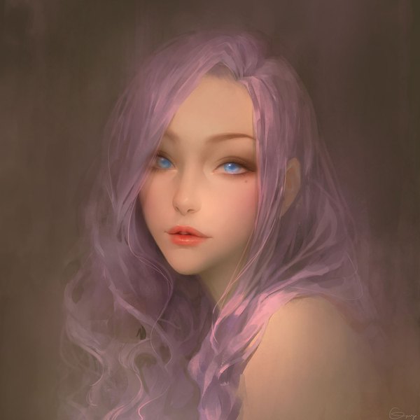 Anime picture 1500x1500 with original orry single long hair looking at viewer blue eyes simple background bare shoulders pink hair parted lips realistic mole mole under eye wavy hair close-up brown background girl