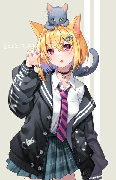 Anime picture 1130x1751 with original nekozuki yuki single tall image looking at viewer fringe short hair simple background blonde hair hair between eyes animal ears pleated skirt cat ears open jacket dated plaid skirt claw pose animal on head cat on head cat day