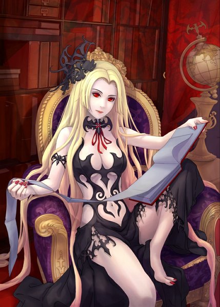 Anime picture 727x1017 with revenge of dragoon tagme (artist) single long hair tall image looking at viewer light erotic blonde hair red eyes sitting very long hair nail polish barefoot shadow sleeveless girl dress navel hair ornament choker