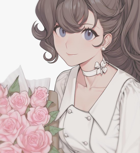 Anime picture 1364x1490 with seijo senki pauline bonaparte quuni single long hair tall image looking at viewer fringe simple background smile hair between eyes holding upper body grey background grey eyes girl dress flower (flowers) bow hair bow