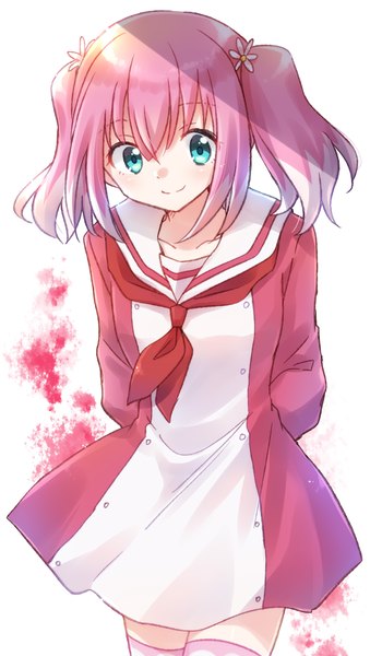 Anime picture 2250x3983 with munou na nana hiiragi nana nyaa (nnekoron) single tall image looking at viewer fringe highres short hair simple background smile hair between eyes white background twintails pink hair hair flower aqua eyes short twintails hands behind back sailor collar